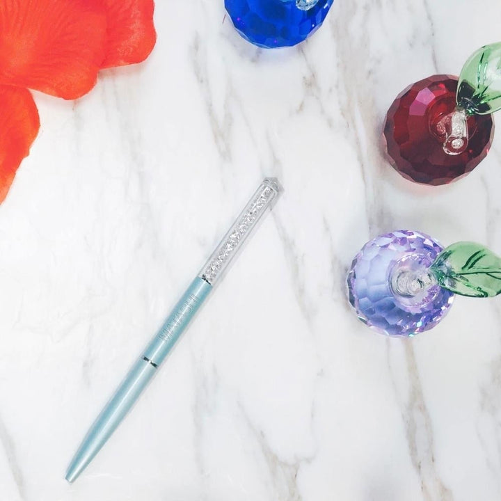 Blue Chrome Plated Stylish Ballpoint Pen with a Miniature Crystalline Top by Matashi Image 4