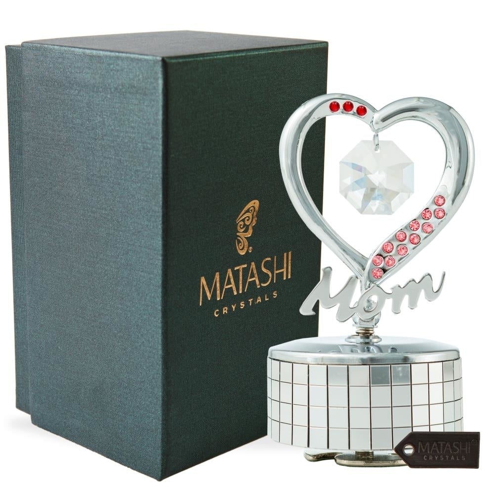 Chrome Plated Mom Heart Wind-Up Music Box Table Top Ornament with Crystals by Matashi- Love Story Image 1