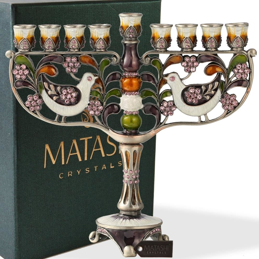 Hand Painted Enamel Menorah Candelabra with a Doves and Flower Design and Embellished with Gold Accents and fine Image 1