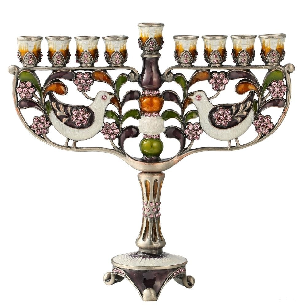 Hand Painted Enamel Menorah Candelabra with a Doves and Flower Design and Embellished with Gold Accents and fine Image 2