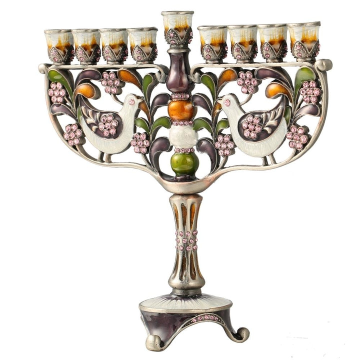 Hand Painted Enamel Menorah Candelabra with a Doves and Flower Design and Embellished with Gold Accents and fine Image 3