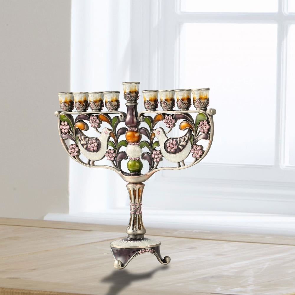 Hand Painted Enamel Menorah Candelabra with a Doves and Flower Design and Embellished with Gold Accents and fine Image 4