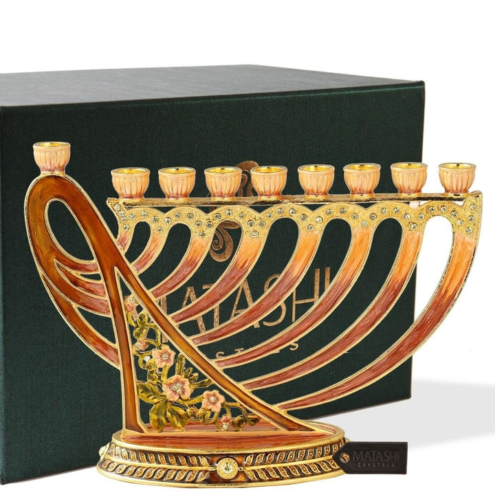 Hand Painted Enamel Menorah Candelabra with Deep Earthy Colors and Modern Flow Design and Embellished with Gold Accents Image 1