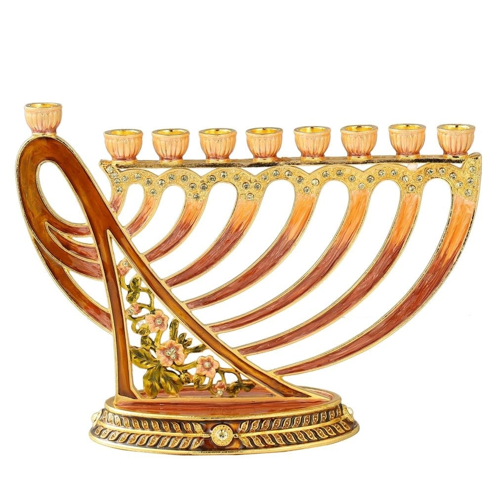 Hand Painted Enamel Menorah Candelabra with Deep Earthy Colors and Modern Flow Design and Embellished with Gold Accents Image 2