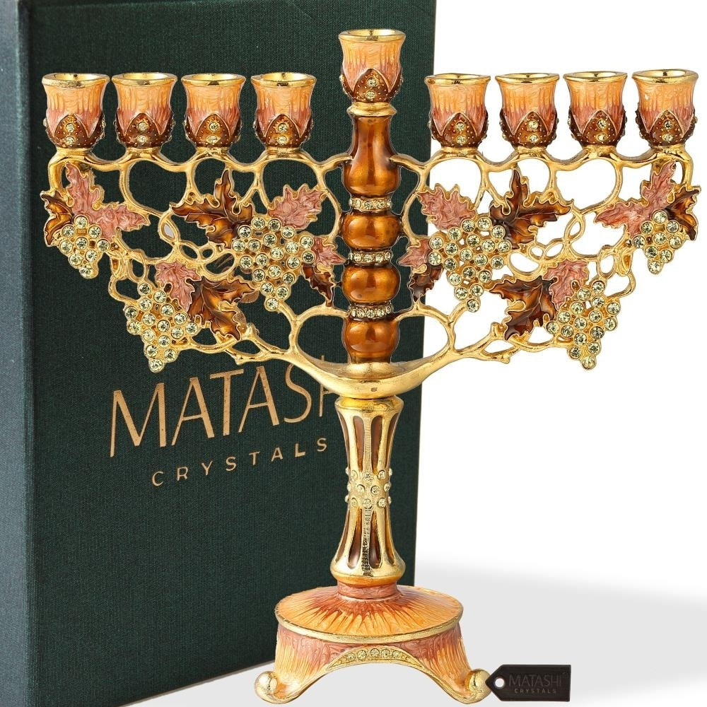 7.25" Tall Hand Painted Enamel Menorah Candelabra Embellished with an Intertwining Vineyard Design with Gold Accents Image 1