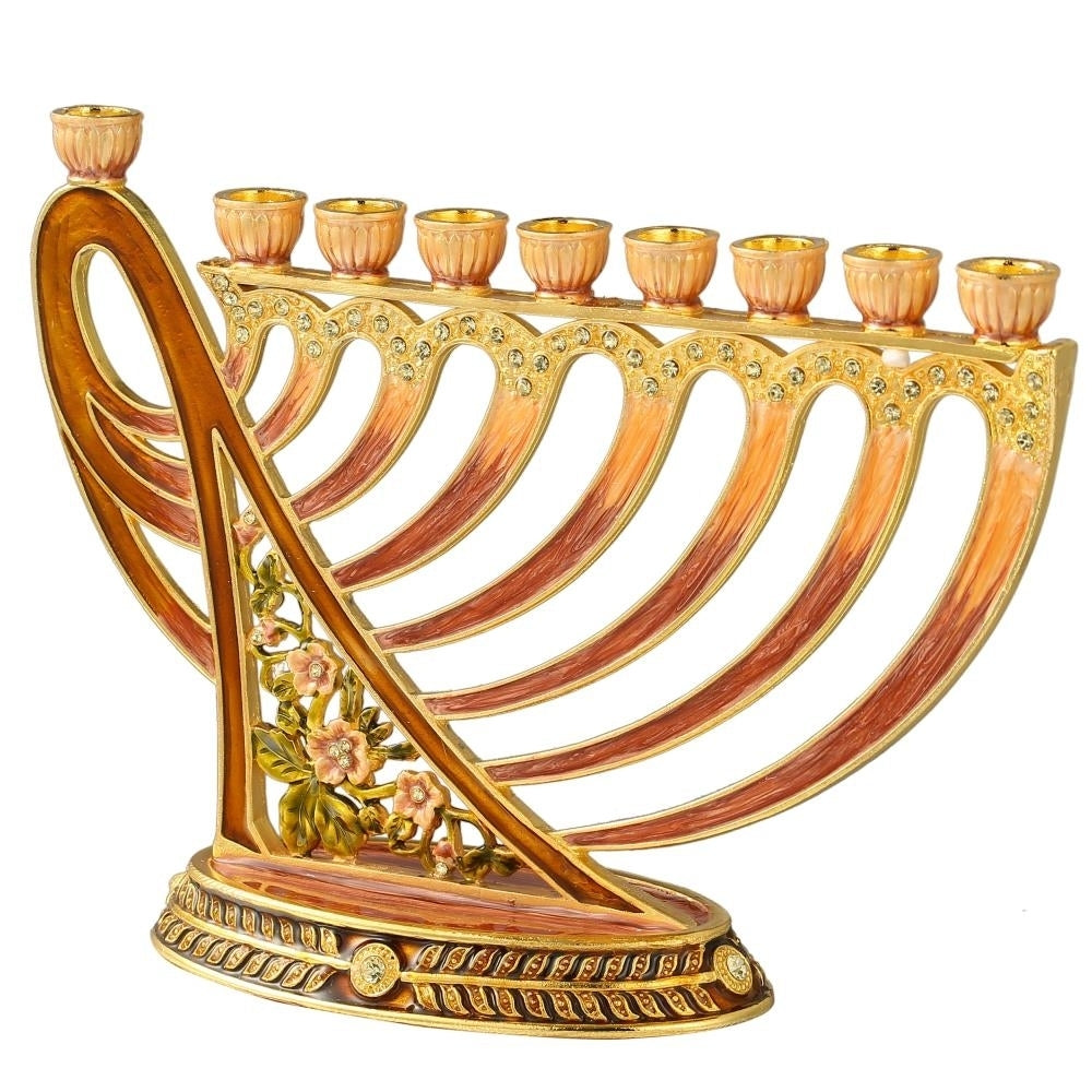 Hand Painted Enamel Menorah Candelabra with Deep Earthy Colors and Modern Flow Design and Embellished with Gold Accents Image 3