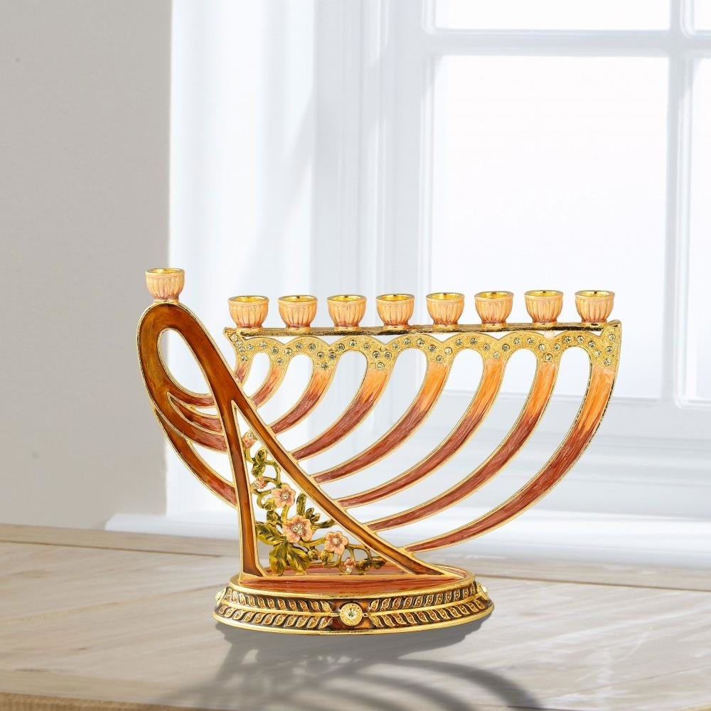 Hand Painted Enamel Menorah Candelabra with Deep Earthy Colors and Modern Flow Design and Embellished with Gold Accents Image 4