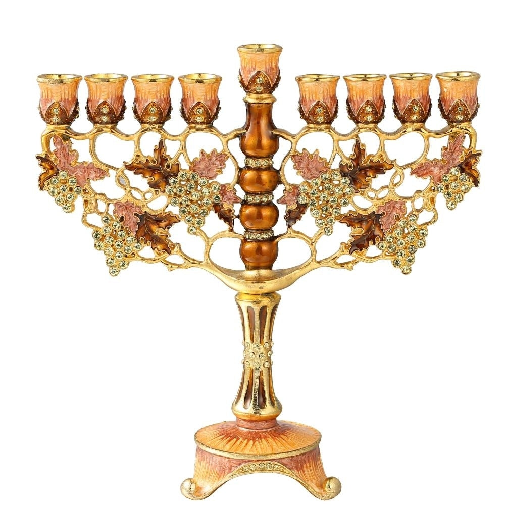 7.25" Tall Hand Painted Enamel Menorah Candelabra Embellished with an Intertwining Vineyard Design with Gold Accents Image 2