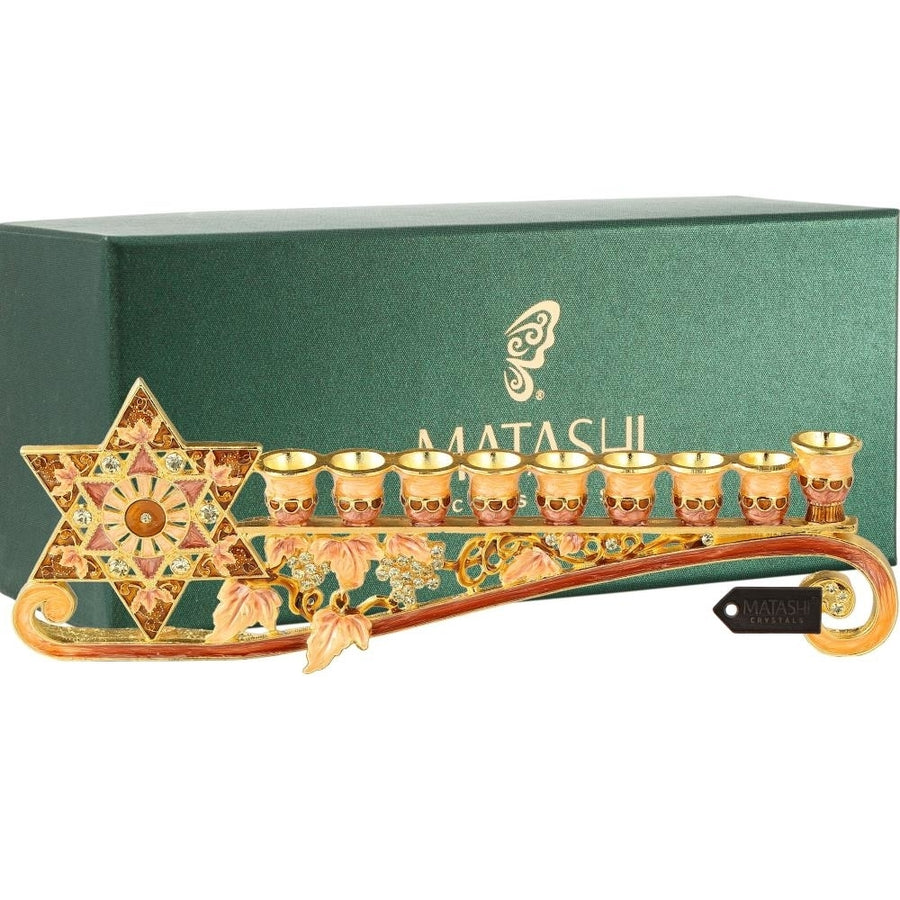 9.25" Long Hand Painted Enamel Menorah Candelabra Embellished with a Star of David Design and Embellished with Gold Image 1