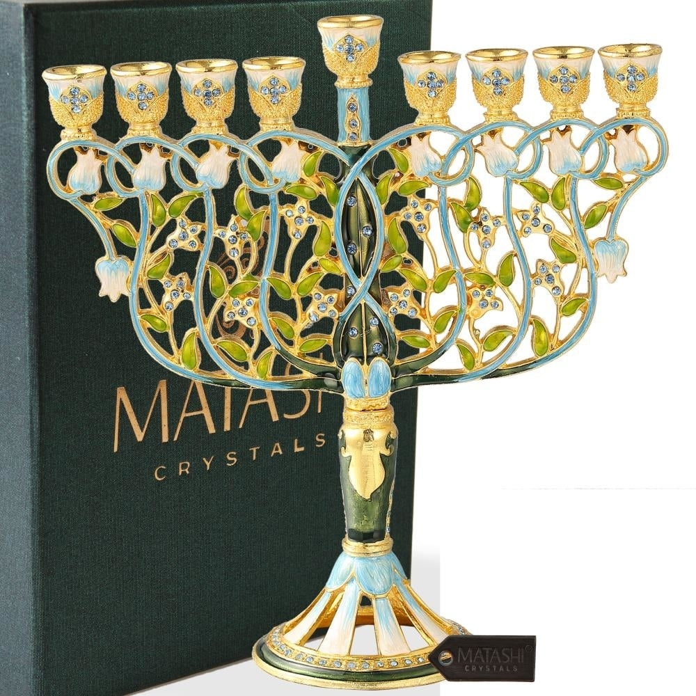 7.5" Tall Hand Painted Enamel Menorah Candelabra Embellished with an Intertwining Flowers Design Gold Accents Image 1