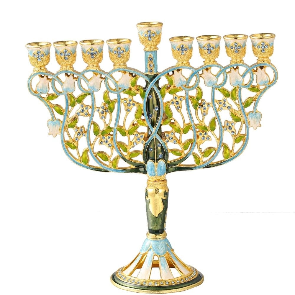 7.5" Tall Hand Painted Enamel Menorah Candelabra Embellished with an Intertwining Flowers Design Gold Accents Image 2