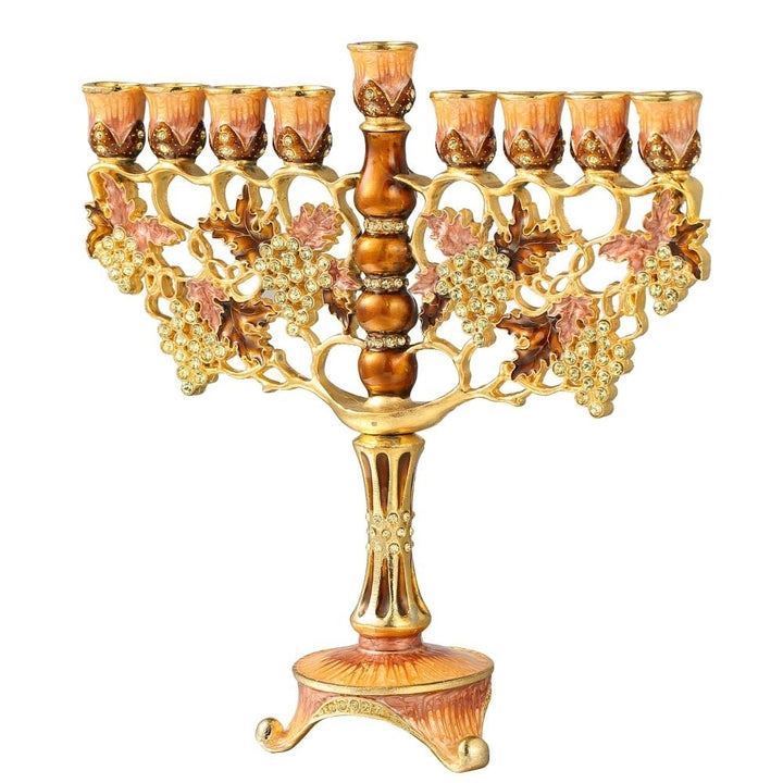 7.25" Tall Hand Painted Enamel Menorah Candelabra Embellished with an Intertwining Vineyard Design with Gold Accents Image 3