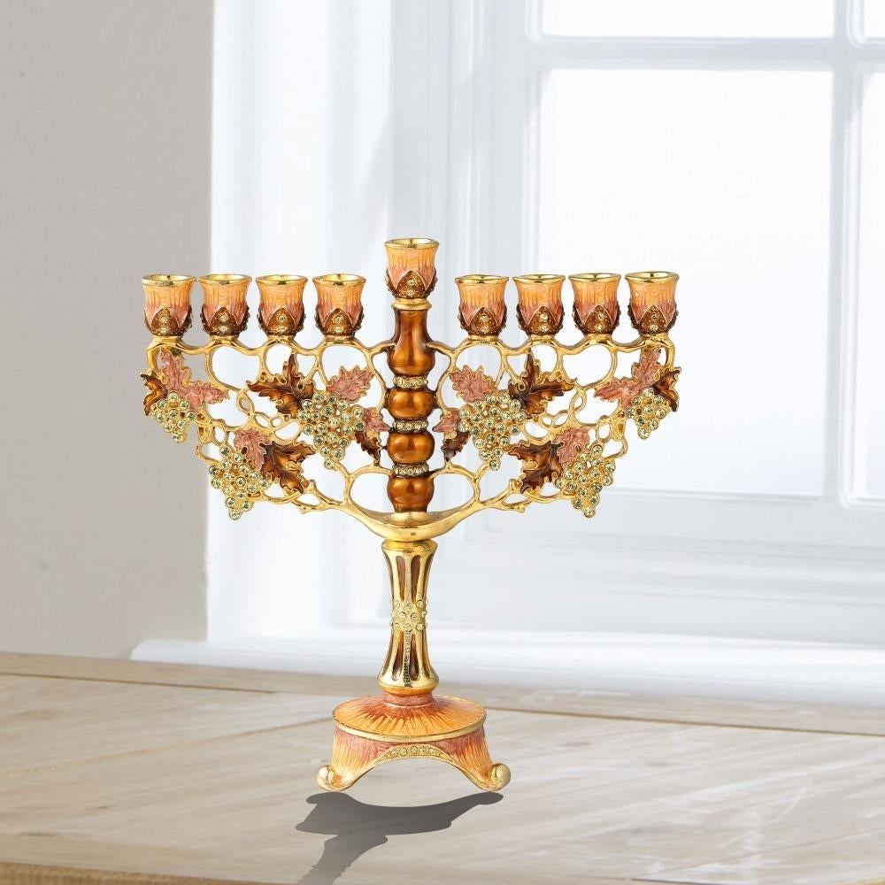 7.25" Tall Hand Painted Enamel Menorah Candelabra Embellished with an Intertwining Vineyard Design with Gold Accents Image 4