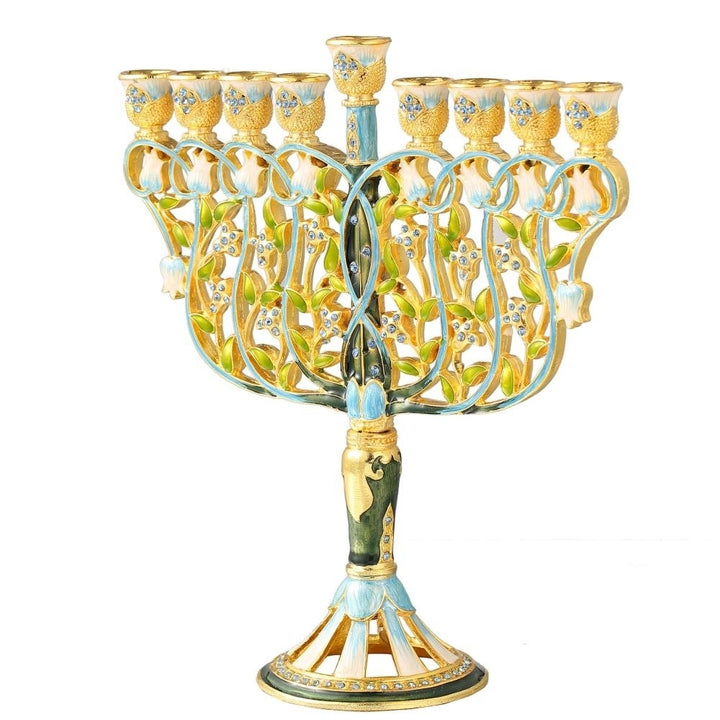 7.5" Tall Hand Painted Enamel Menorah Candelabra Embellished with an Intertwining Flowers Design Gold Accents Image 3