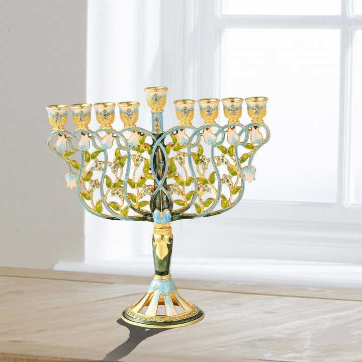 7.5" Tall Hand Painted Enamel Menorah Candelabra Embellished with an Intertwining Flowers Design Gold Accents Image 4