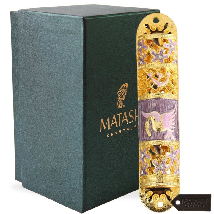 Hand Painted Enamel Mezuzah Embellished with a Floral Design with Gold Accents and fine Crystals by Matashi Image 1