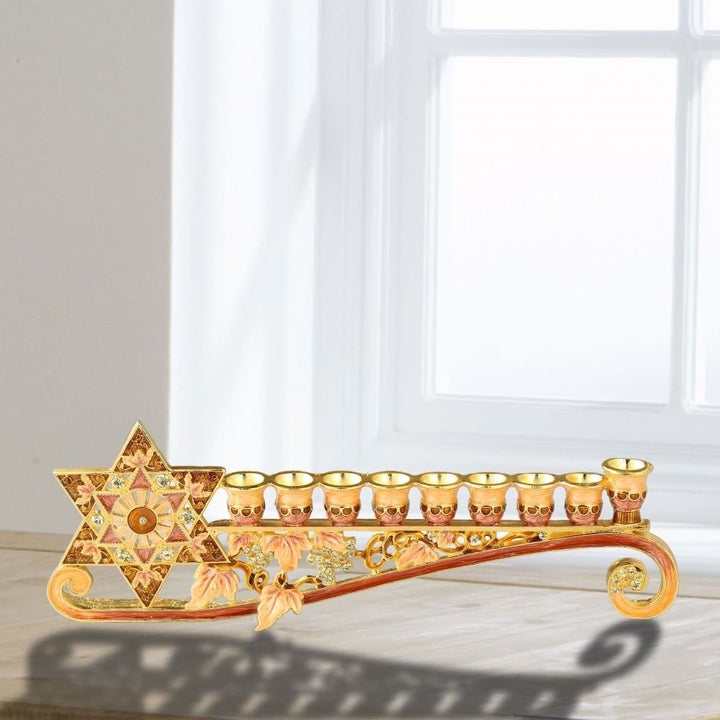 9.25" Long Hand Painted Enamel Menorah Candelabra Embellished with a Star of David Design and Embellished with Gold Image 4