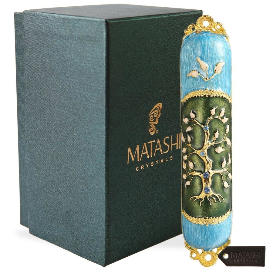 Hand Painted Enamel Mezuzah Embellished with a Tree of Life Design with Gold Accents and fine Crystals by Matashi Image 1