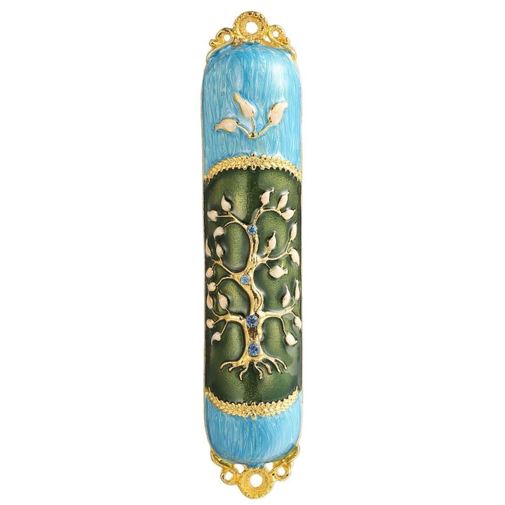 Hand Painted Enamel Mezuzah Embellished with a Tree of Life Design with Gold Accents and fine Crystals by Matashi Image 2