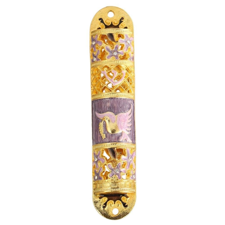 Hand Painted Enamel Mezuzah Embellished with a Floral Design with Gold Accents and fine Crystals by Matashi Image 2