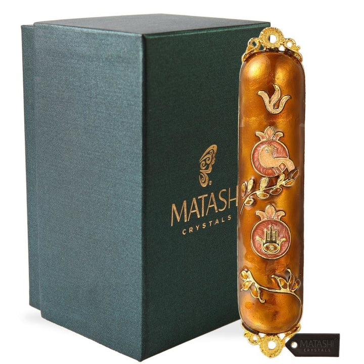 Hand Painted Enamel Mezuzah Embellished with a Dove and Hamsa Design with Gold Accents and fine Crystals by Matashi Image 1