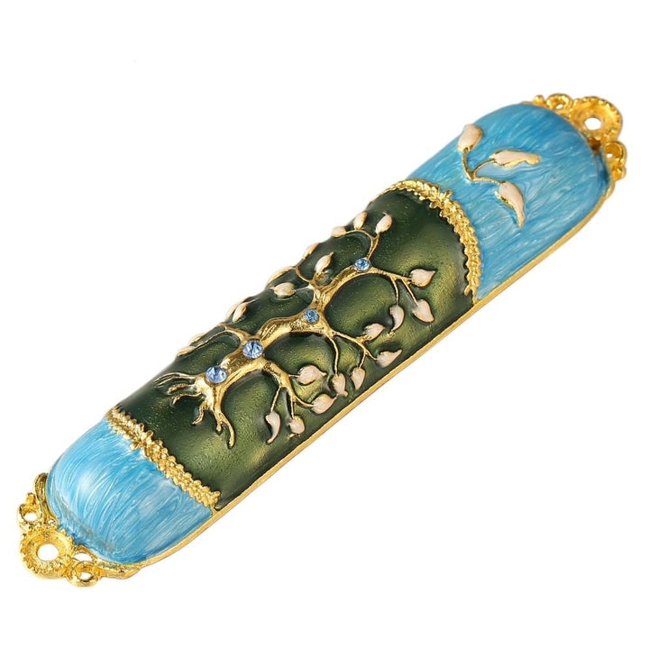 Hand Painted Enamel Mezuzah Embellished with a Tree of Life Design with Gold Accents and fine Crystals by Matashi Image 3