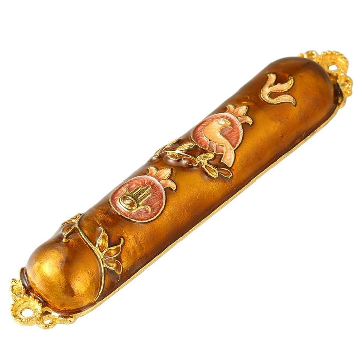 Hand Painted Enamel Mezuzah Embellished with a Dove and Hamsa Design with Gold Accents and fine Crystals by Matashi Image 3