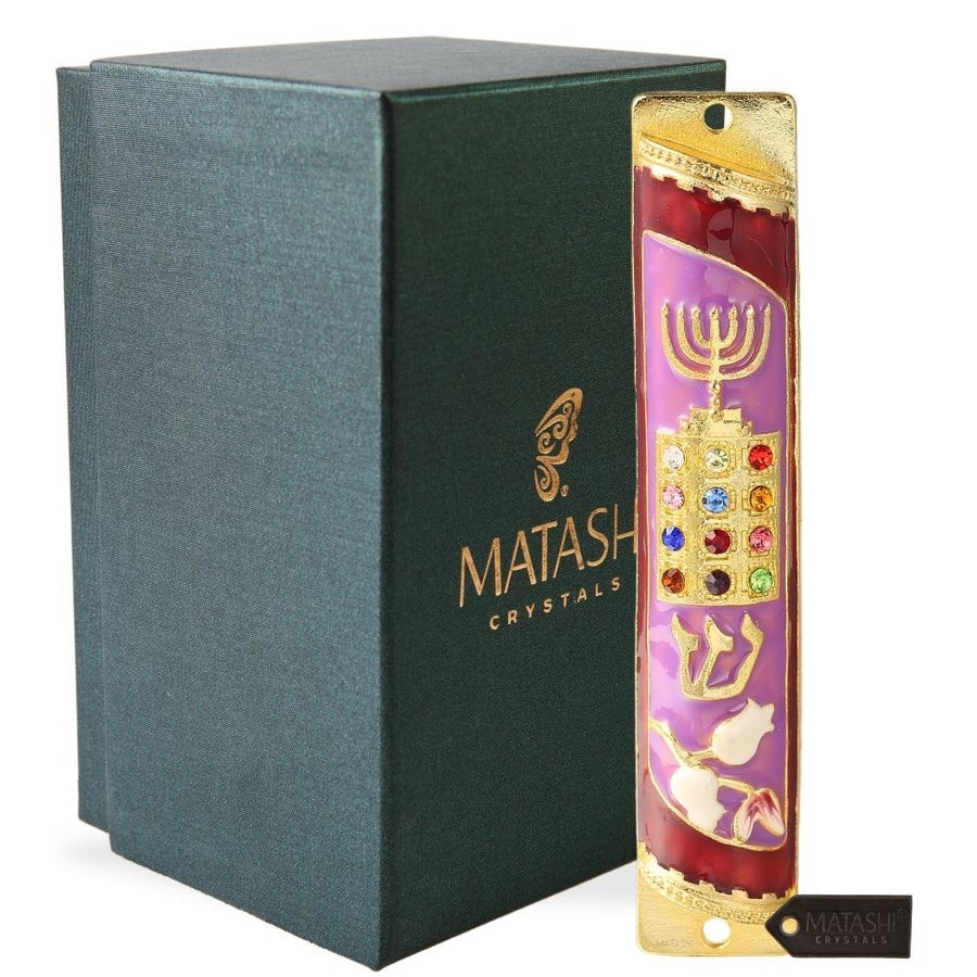 Matashi Hand Painted Enamel Mezuzah Embellished with a Menorah and Priestly with Gold Accents and Crystals Image 1