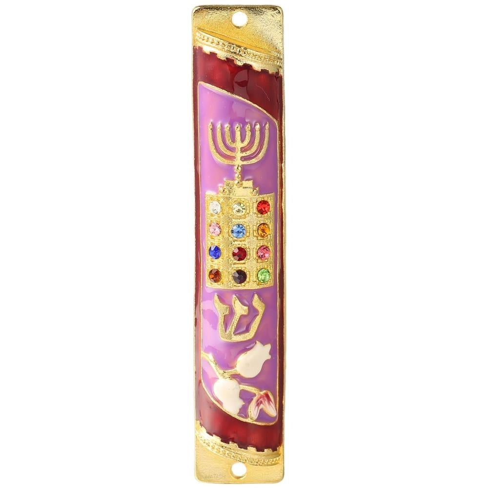 Matashi Hand Painted Enamel Mezuzah Embellished with a Menorah and Priestly with Gold Accents and Crystals Image 2