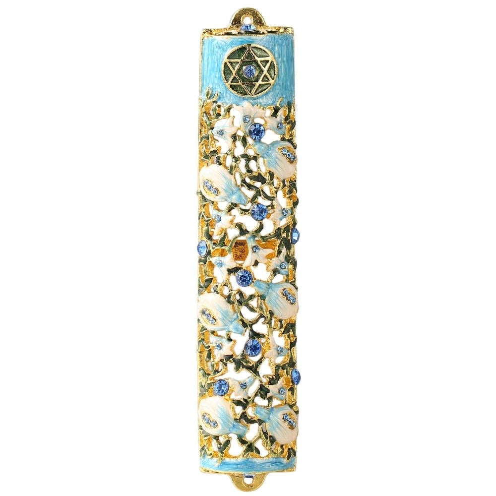 6" Hand Painted Enamel Mezuzah Embellished with a Ivy and Flowers Design with Gold Accents and fine Blue Crystals by Image 2