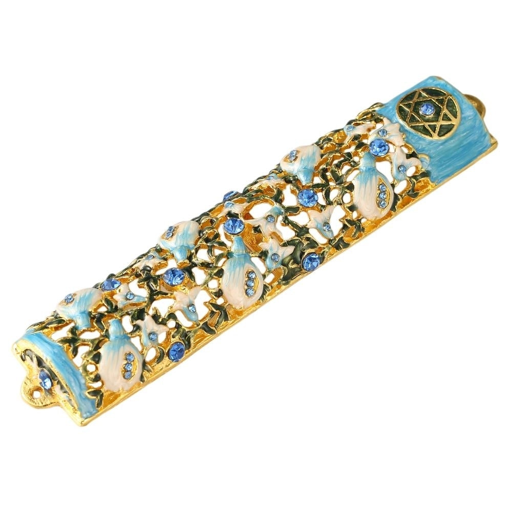 6" Hand Painted Enamel Mezuzah Embellished with a Ivy and Flowers Design with Gold Accents and fine Blue Crystals by Image 3