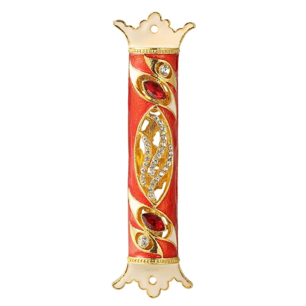 4.5" Hand Painted Enamel Mezuzah Embellished with a Royal Red Design with Gold Accents and fine Red and Clear Crystals Image 2