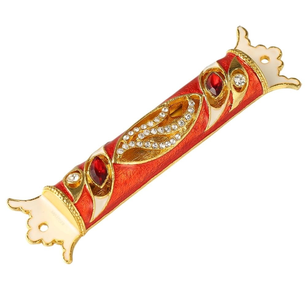 4.5" Hand Painted Enamel Mezuzah Embellished with a Royal Red Design with Gold Accents and fine Red and Clear Crystals Image 3