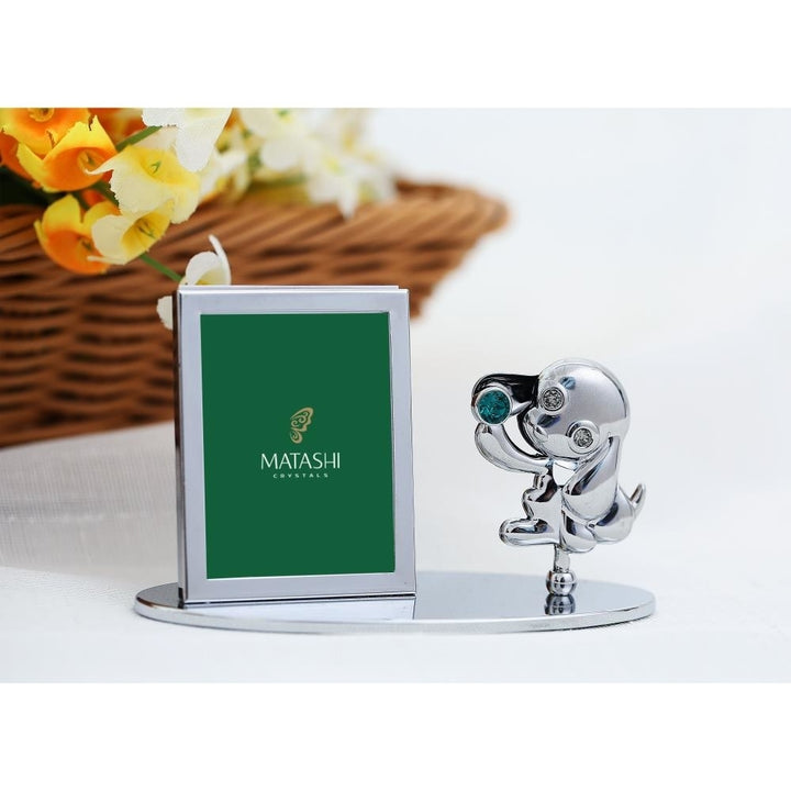 2018 Year of the Dog Chrome Plated Silver Puppy Picture Frame w/ Green Crystal Home and Table Top Ornament Image 3