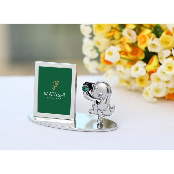 2018 Year of the Dog Chrome Plated Silver Puppy Picture Frame w/ Green Crystal Home and Table Top Ornament Image 4