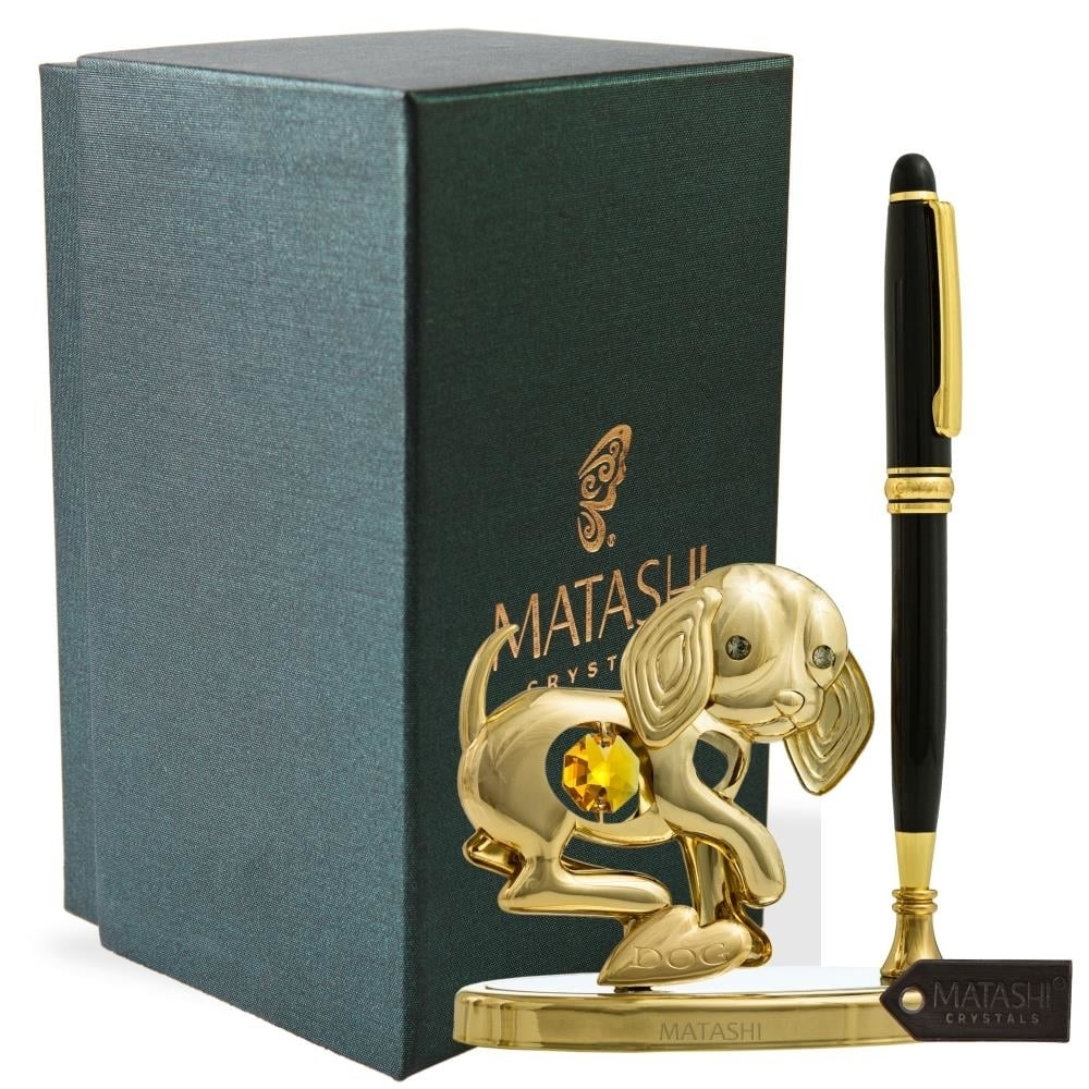 2018 Year of the Dog 24k Gold Plated Puppy Pen Set (Black Ballpoint) Table Top Ornament w/ Gold Crystal Elegant Metal Image 1