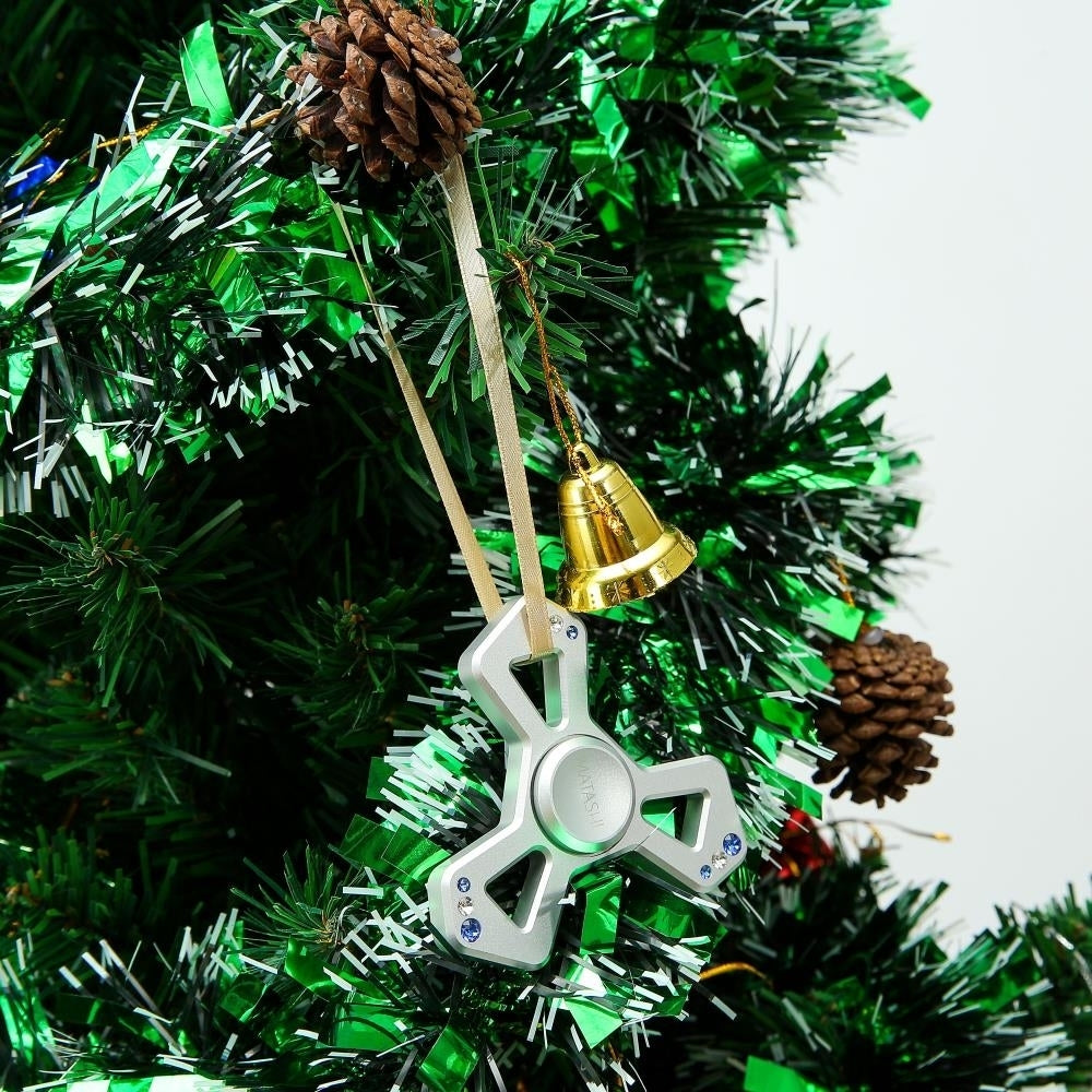 Chrome Plated Silver Hanging Christmas Tree Triangle Spinner Ornament w/ Matashi Crystals Image 3