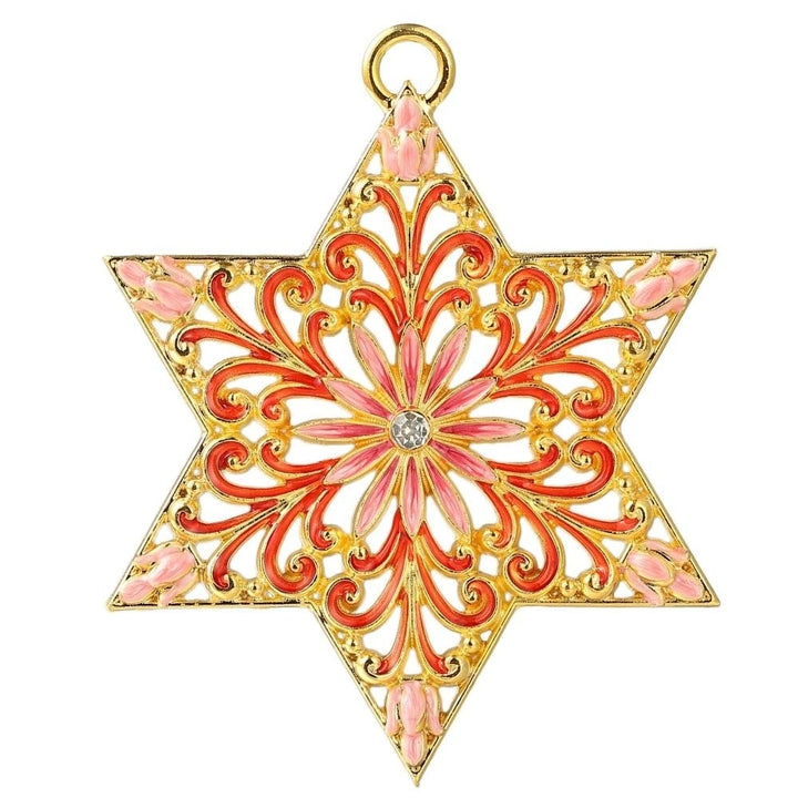 Traditional Star of David Hanging Ornament (Pewter) Classic  Hand-Painted Pink Red and Gold Image 2