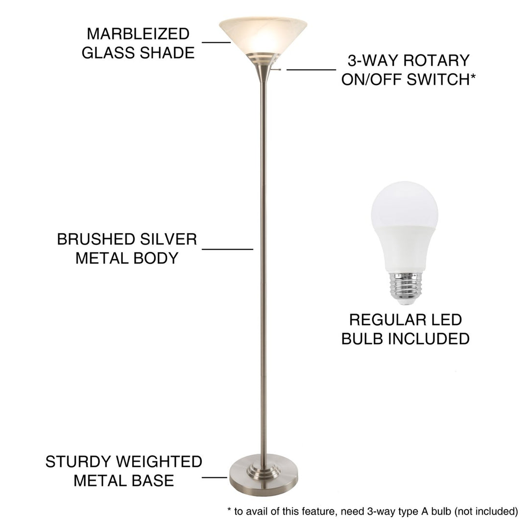 Brushed Silver Metal Floor Lamp 75 Inch LED Bulb Frosted Glass Shade Ambient Light Image 3