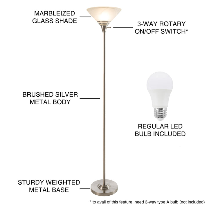 Torchiere Brushed Silver Metal Floor Lamp 75 Inch LED Bulb Frosted Glass Shade Image 3
