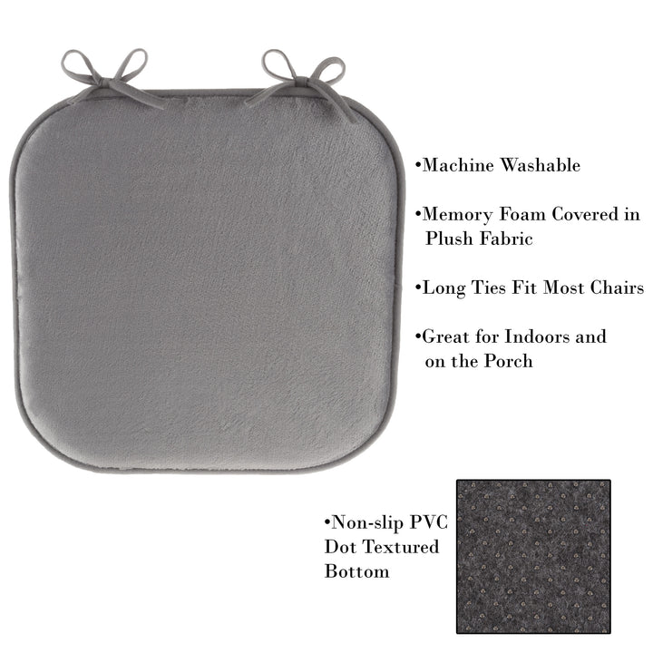 Memory Foam 16 x 16 Plush Chair Cover Cushion with Ties 1 Inch Thick Comfy Non Slip Gray Image 3