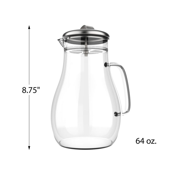 Glass Pitcher-64oz. Carafe with Stainless Steel Filter Lid- Heat Resistant to 300F Image 2