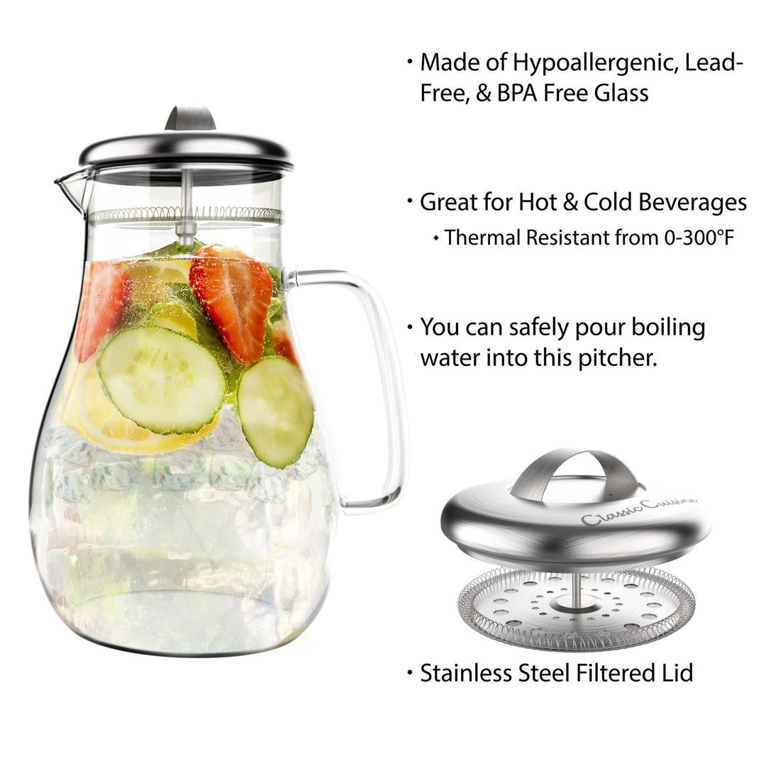 Glass Pitcher-64oz. Carafe with Stainless Steel Filter Lid- Heat Resistant to 300F Image 3