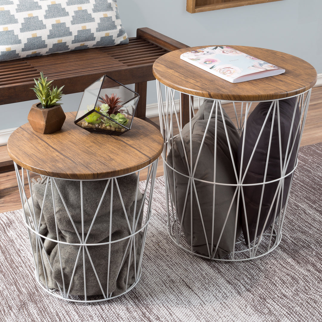 Nesting End Tables Metal Basket Wooden Top 20 and 15 In Multi-Use Furniture Image 1
