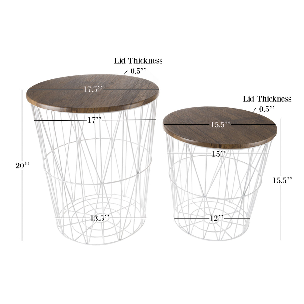 Nesting End Tables Metal Basket Wooden Top 20 and 15 In Multi-Use Furniture Image 2
