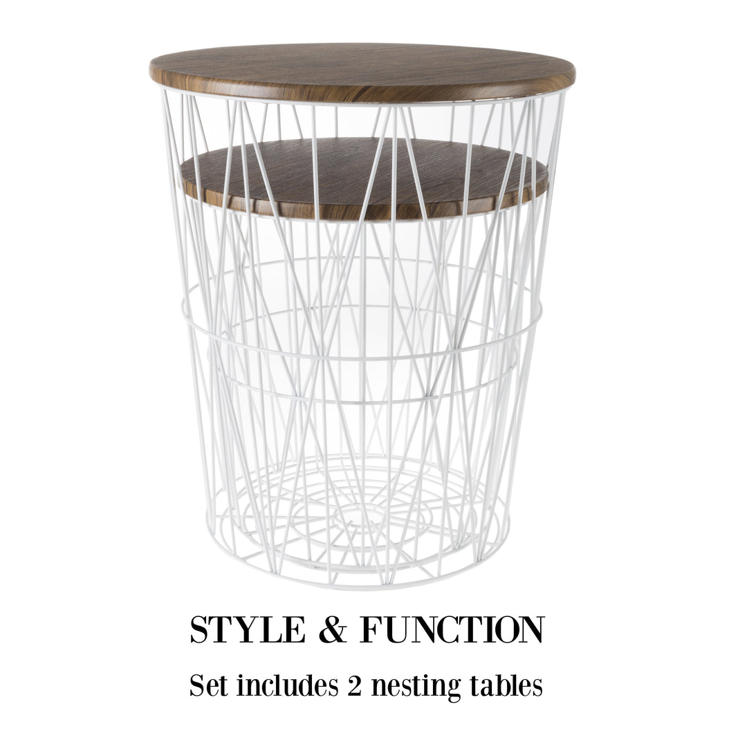 Nesting End Tables Metal Basket Wooden Top 20 and 15 In Multi-Use Furniture Image 3