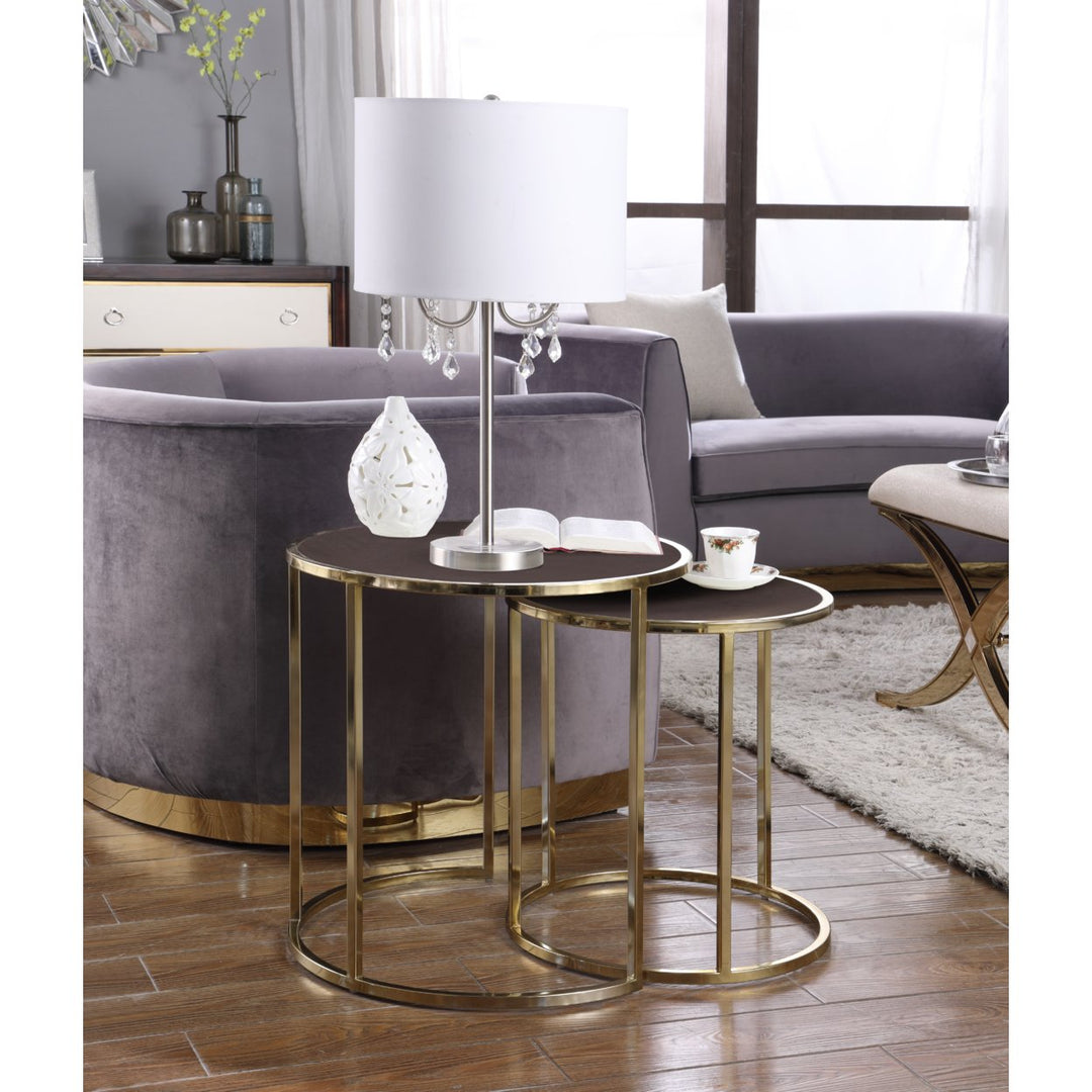 Blayne Nightstand Side Table 2 Piece Set Gold Finished Gibbous Moon Frame PU Leather Top Image 1