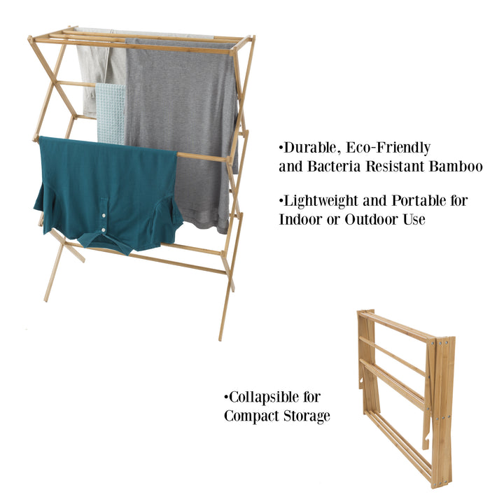 Bamboo Collapsible Clothes Drying Rack Eco-Friendly 3-Tier Laundry Hang Delicates Image 3