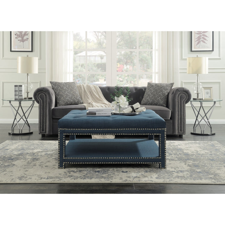 Quinn Coffee Table Ottoman 2-Layer Polished Nailhead Tufted Linen Bench Image 1