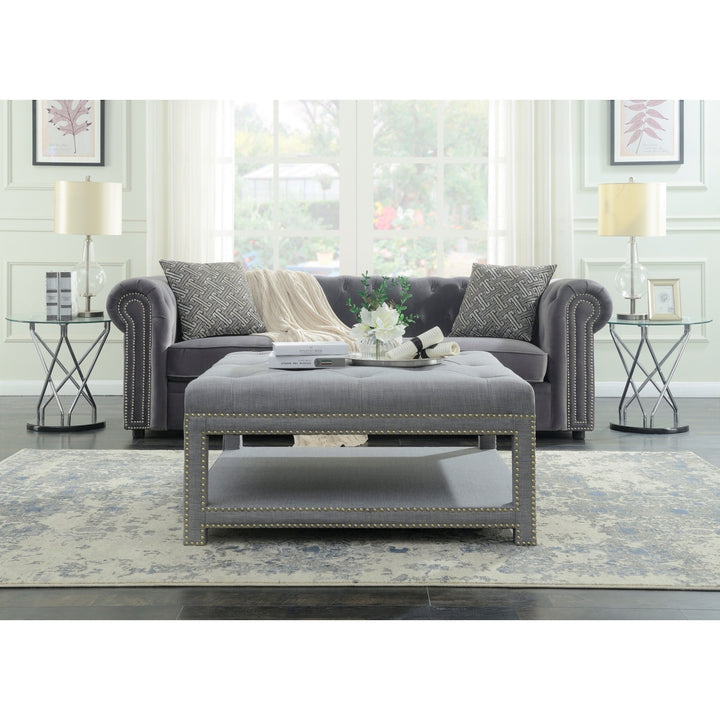 Quinn Coffee Table Ottoman 2-Layer Polished Nailhead Tufted Linen Bench Image 2